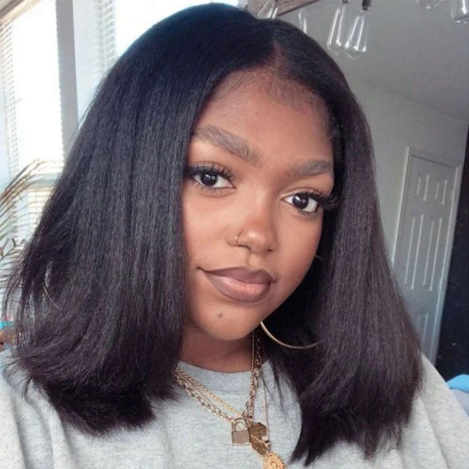 Short Bob Wigs Kinky Straight 13x4 Transparent Lace Frontal Wig - MareeYama