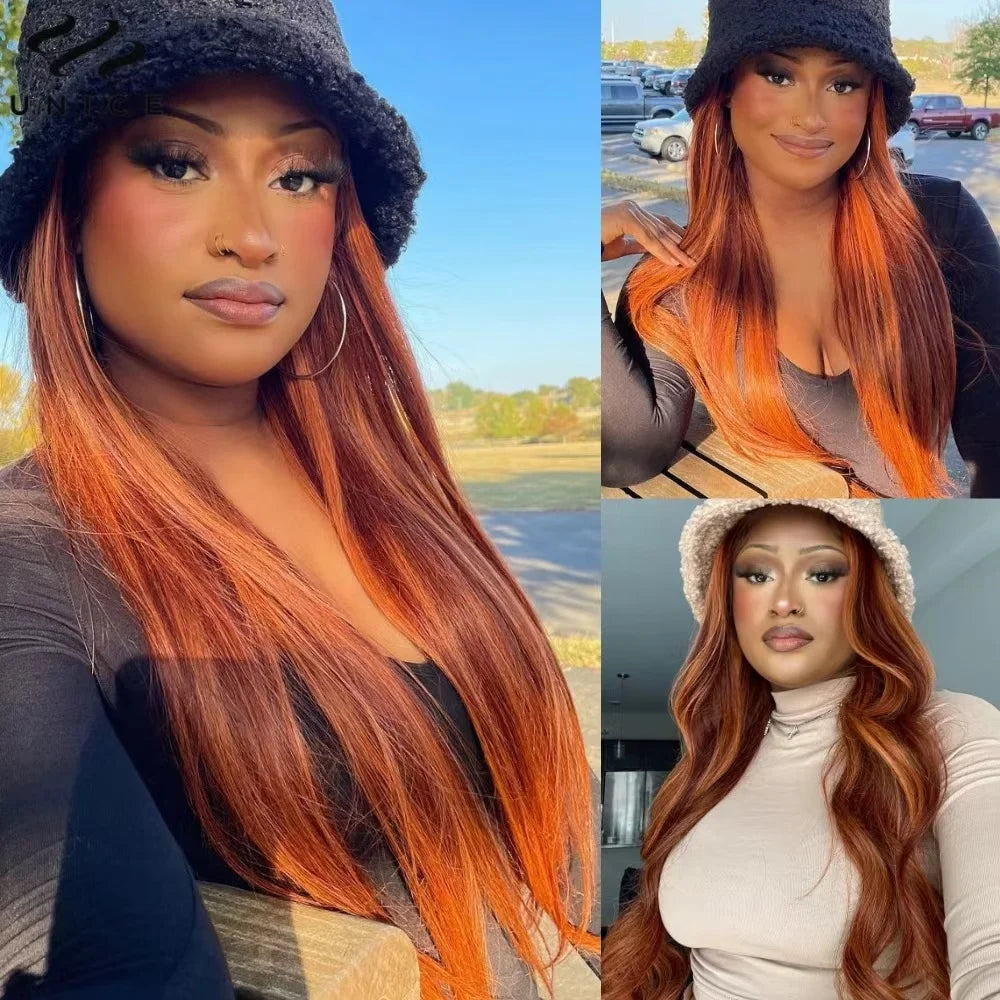 4/350 Highlight Straight Lace Front Wigs Ginger Orange Brown Piano Color Remy 13x4 13x6 Transparent Lace Frontal Human Hair Wig - MareeYama