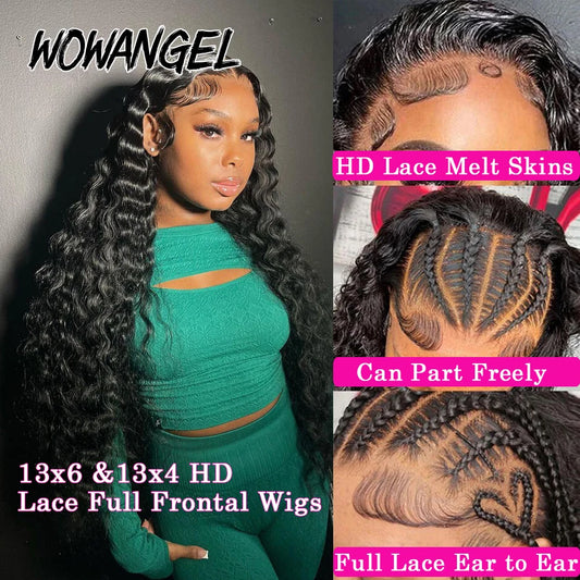 Wow Angel 34inch Human Hair Lace Frontal Wig Deep Wave 13x6 HD Lace Full Frontal Curly Wigs Melts Skins 250% Natural Pre Plucked Mareeyama Moments.