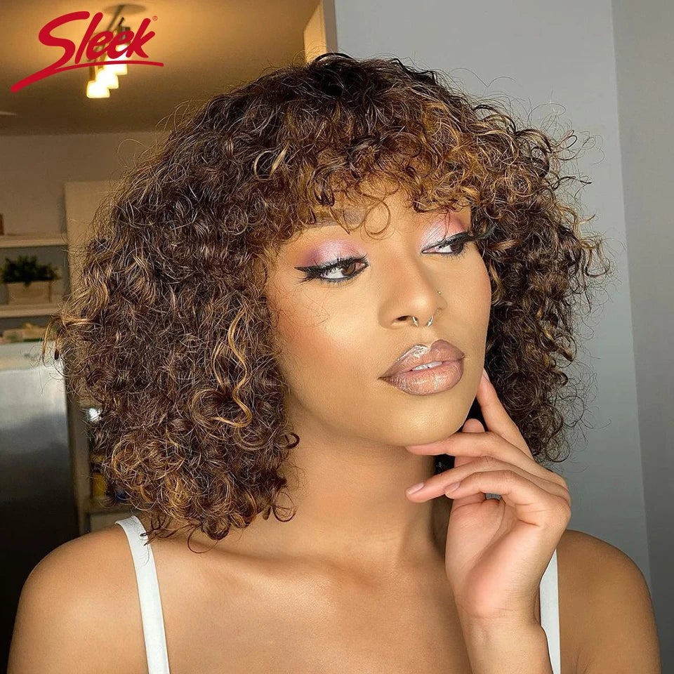 Curly Short Bob Human Hair Wigs Glueless Wig Highlight Honey Water Wave Blonde - MareeYama