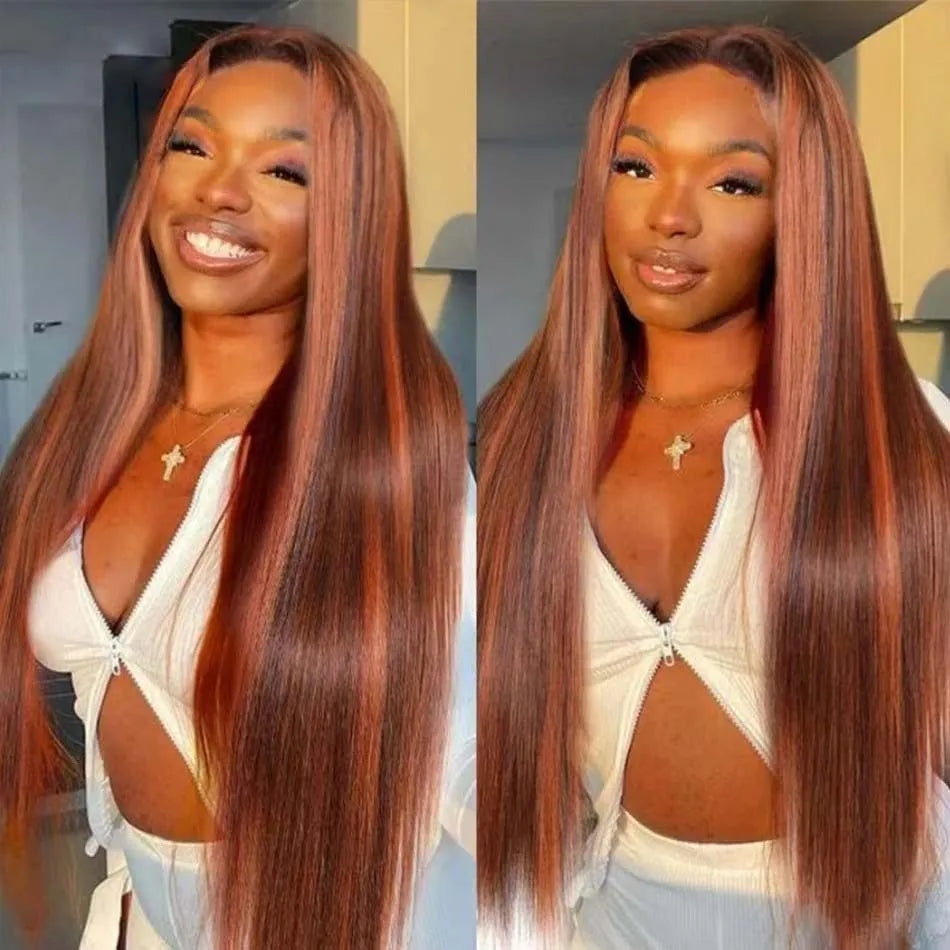 4/350 Highlight Straight Lace Front Wigs Ginger Orange Brown Piano Color Remy 13x4 13x6 Transparent Lace Frontal Human Hair Wig - MareeYama