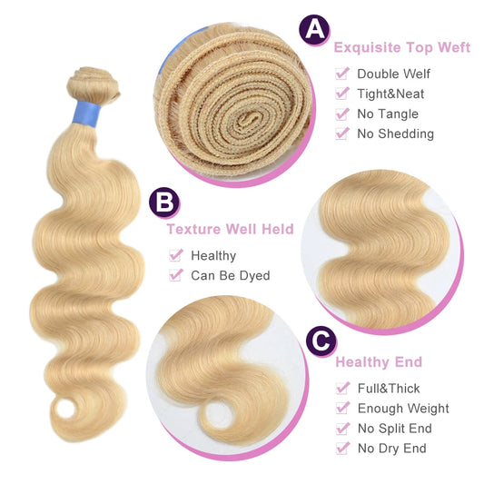 3/4 613 Blonde Human Hair Double Weft Weave Bundles 10A 26 28 30inch Mareeyama Moments.
