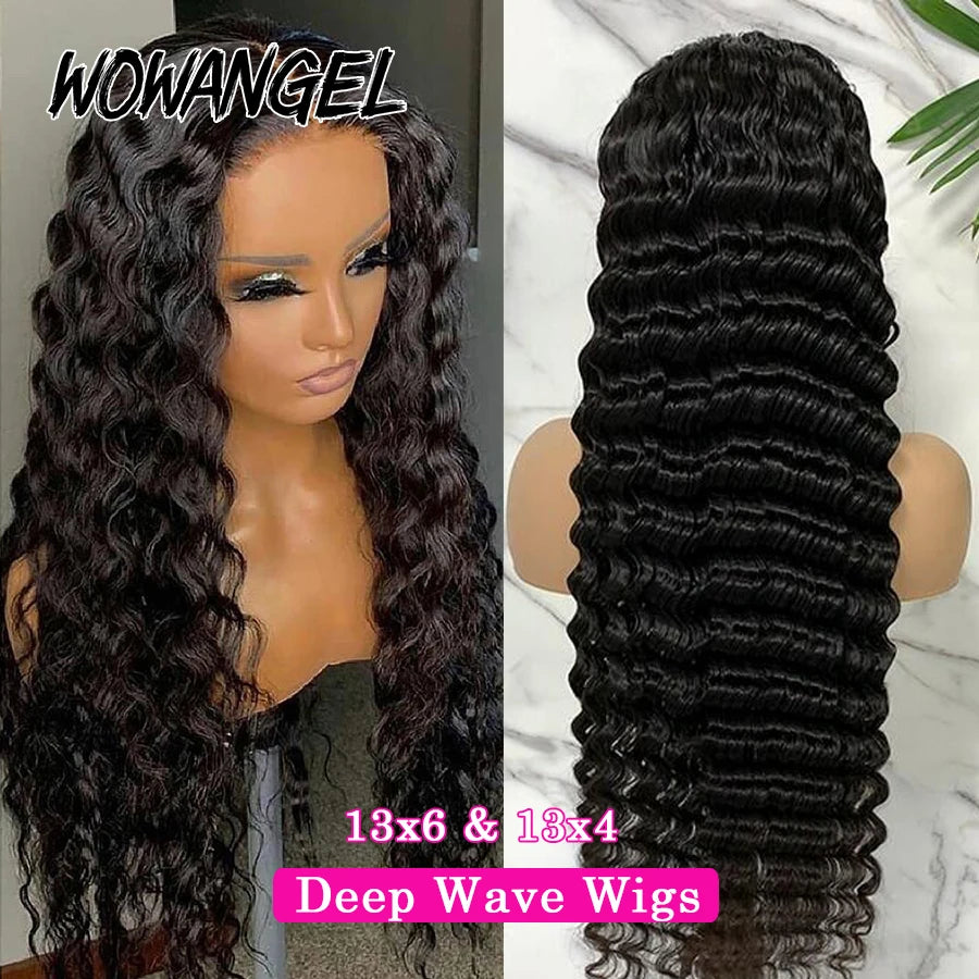 Wow Angel 34inch Human Hair Lace Frontal Wig Deep Wave 13x6 HD Lace Full Frontal Curly Wigs Melts Skins 250% Natural Pre Plucked Mareeyama Moments.