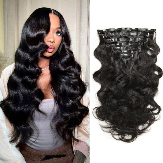 Body Wave Seamless Clip Ins Hair Extensions Natural Black