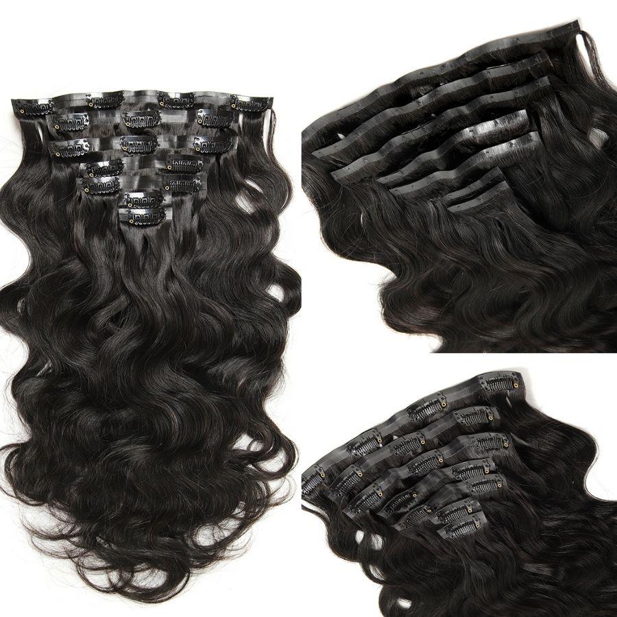 Body Wave Seamless Clip Ins Hair Extensions Natural Black
